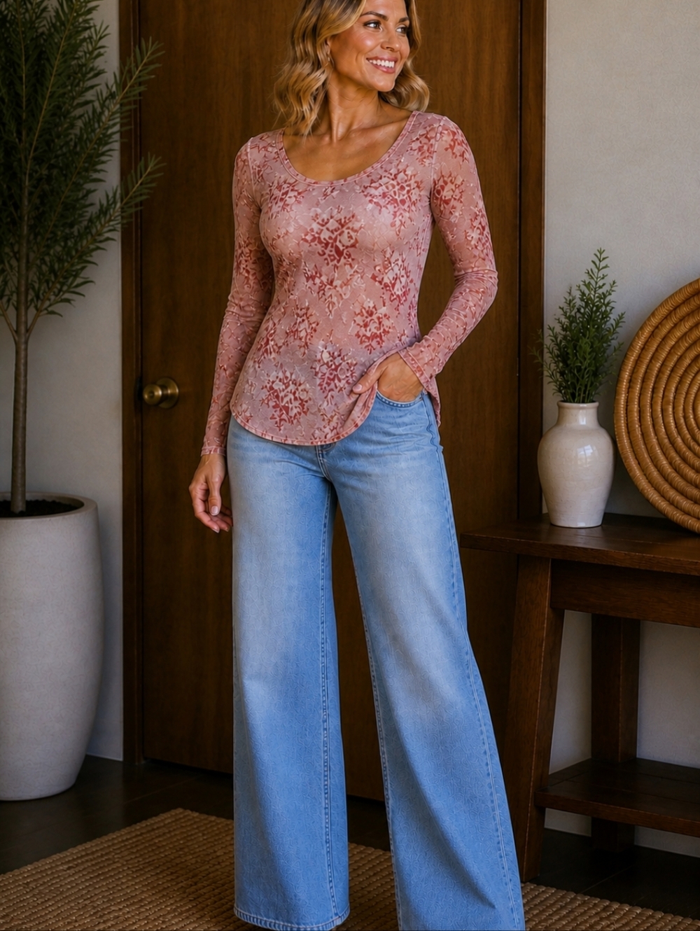 Floral Semi Sheer Scoop Neck Feminine Blouse - Pink